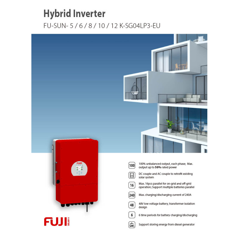 Гібридний інвертор 12кВт Fuji Solar by Deye SUN-12K-SG02LP1-EU-12kW Однофазний (низько вольтний)