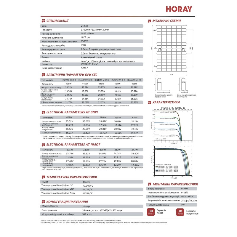 Сонячна панель Horay HS455TC-MHC-D 455 Вт