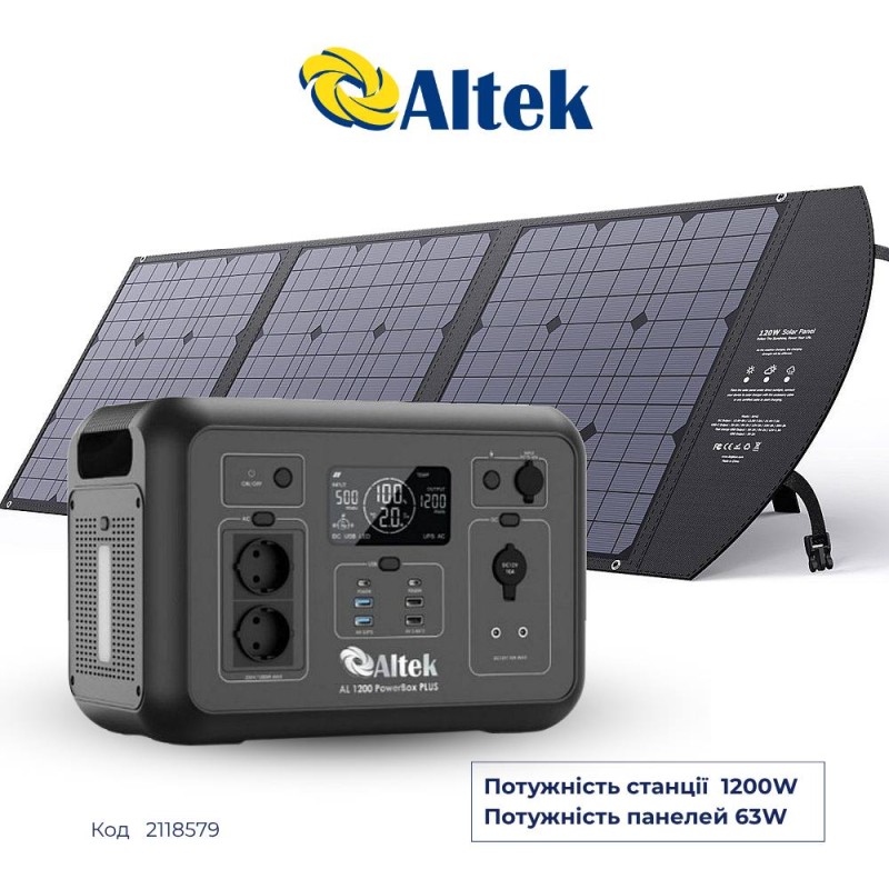Комплект зарядна станція AL 1200 PowerBox Plus + розкладна панель 63W ALT-63, чорна