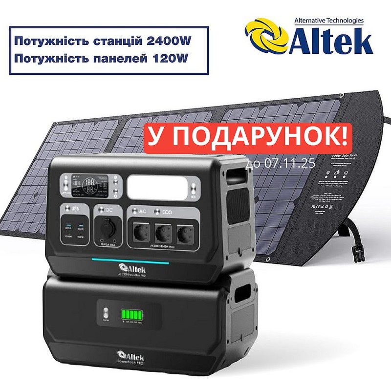 Комплект зарядна станція AL 2400 PowerBox PRO PLUS + розкладна панель 120W ALT-120, чорна