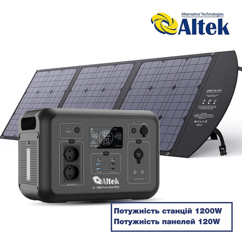 Комплект зарядна станція AL 1200 PowerBox Plus + розкладна панель 120W ALT-120, чорна